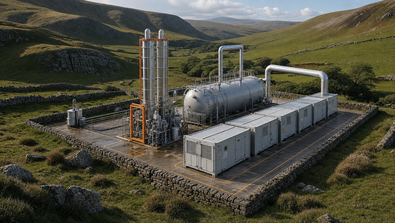 Visualisation of a compact gas plant in a hillside setting: two tall process columns, a horizontal pressure vessel and a row of containerised units on a concrete pad, enclosed by dry stone walls