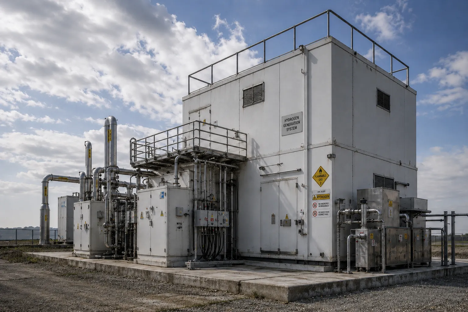 Visualisation of a hydrogen production plant: a tall white process building marked Hydrogen Generation System, with stainless steel pipework, access walkways and cabinets on a concrete pad