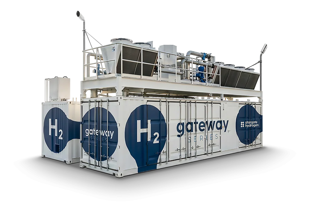 Stargate Hydrogen Gateway 200 containerised electrolyser unit, branded gateway series, with cooling equipment mounted on the roof deck