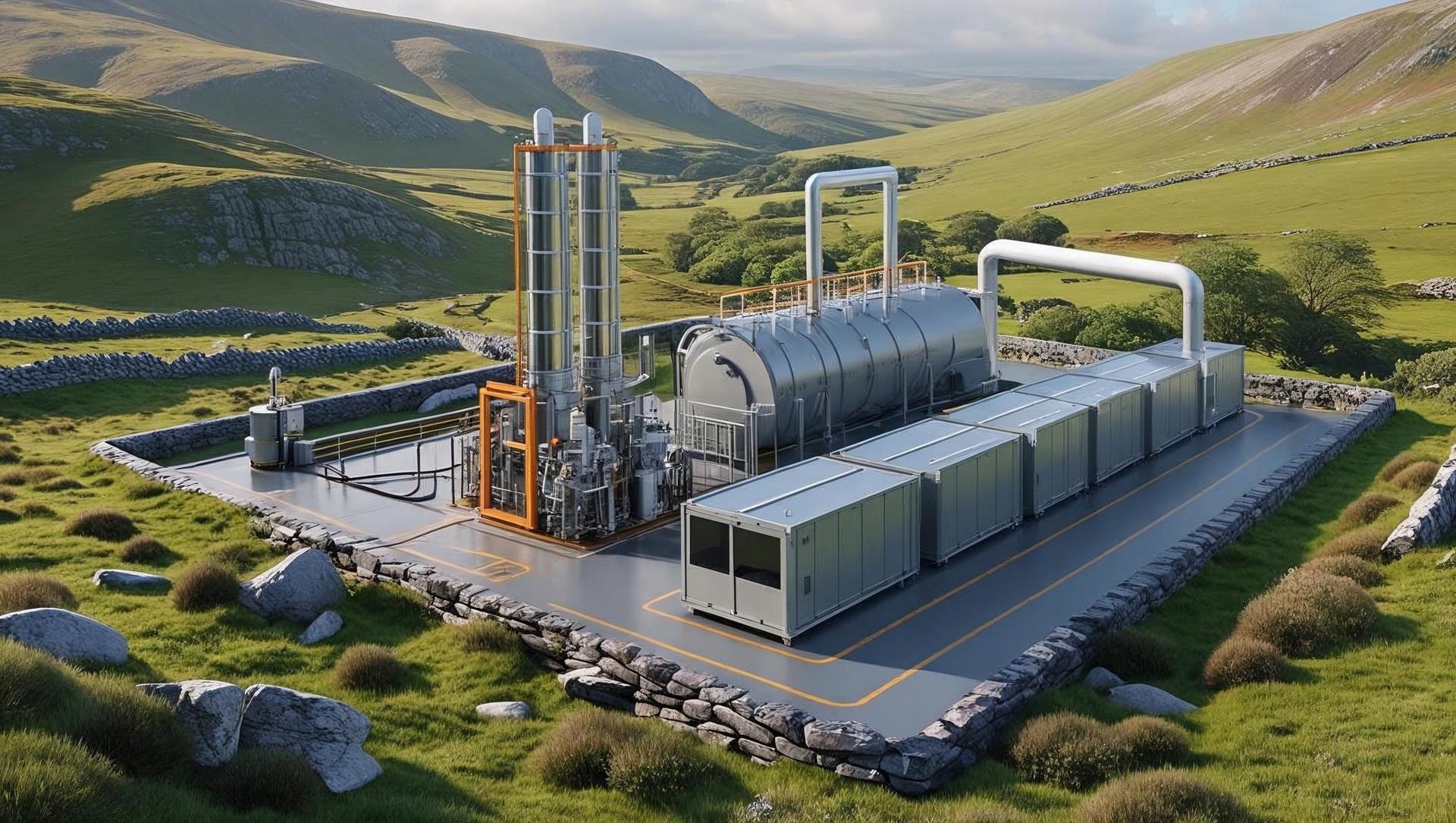 Visualisation of a hydrogen plant at a geothermal site: process columns, a pressure vessel and containerised units on a concrete pad, set among green hills behind dry stone walls