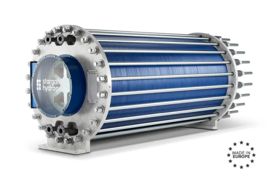 A Stargate Hydrogen electrolyser stack, a cylindrical assembly of blue cells between steel end plates, marked Made in Europe