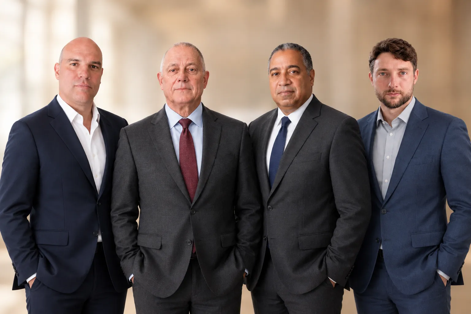 The four members of the Aurion+ leadership team standing together in business suits against a softly blurred stone interior